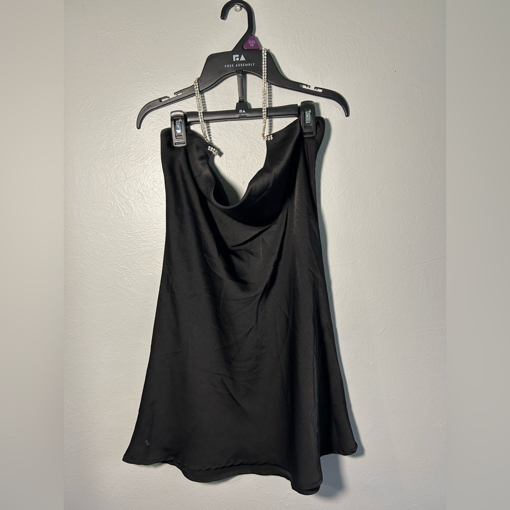 Satin Cowl Neck Black Women's Dress with Chain Straps